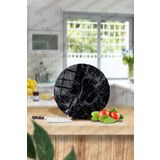 AynaEvim Siyah Mermer Desenli Güvenli Ve Baskılı Cam Kesme Tahtası, Sunum Tabağı, Yuvarlak, 31 Cm