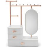 Aynalı Takı Düzenleyici Organizer Çekmeceli Masaüstü Takı Standı, Rose Gold Metal Askılı Beyaz