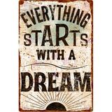 AYNED Print Everything Starts With A Dream Vintage Ahşap Tabela – Rustik Ofis ve Ev Dekoru - 15x22,5 cm - Beyaz