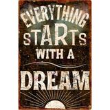 AYNED Print Everything Starts With A Dream Vintage Ahşap Tabela – Rustik Ofis ve Ev Dekoru - 20x30 cm - Siyah