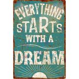 AYNED Print Everything Starts With A Dream Vintage Ahşap Tabela – Rustik Ofis ve Ev Dekoru - 20x30 cm - Turkuaz