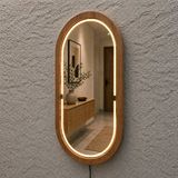 Aypars Atölye 48x84 Cm Kayın Ahşap Çerçeveli Led’li Oval Ayna – 3000k Dimmer Işıklı Dekoratif Banyo Aynası (tik) Sarı