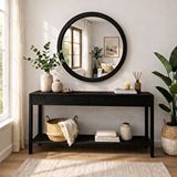 Aypars Atölye 80x80 Cm El Yapımı Masif Ahşap Çerçeveli Yuvarlak Ayna – Modern İskandinav Tarzı Duvar Aynası (siyah)