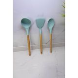 Ayrex Albergio Ahşap Saplı Silikon Mutfak Seti – 32 cm Kaşık-Kepçe-Spatula Mint Yeşili - Çok Renkli - --