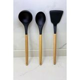 Ayrex Albergio Ahşap Saplı Silikon Mutfak Seti – 32 cm Kaşık-Kepçe-Spatula Siyah - Çok Renkli - --