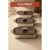 Ayrex Viracasa 3'lü Cam Kapaklı Çelik Fırın Kabı Seti Borcam Fırın Tepsisi 33X19 35X21 41X24 - Çok Renkli - Genel