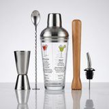 AyrStore Kokteyl Shaker Seti, Cam Gövdeli, Paslanmaz Çelik Kapaklı, Ölçekli, Ahşap Muddler, Jigger ve L - Çok Renkli