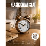 AyrStore Metal Bronz Nostaljik Masa Saati Alarmlı Büyük Boy Sessiz Mekanizmalı