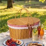 AyrStore Porsima PBT-921 Oval Form Nostaljik Piknik Sepeti - Pötikare Astarlı Çift Kapaklı Hasır Piknik - Çok Renkli