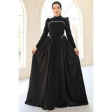 Aysan Moda İnci Detaylı Krep ve Saten Kombinli Kloş Tesettür Abiye Elbise