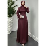 Aysan Moda Kolu Tüy Detaylı Saten Tesettür Mezuniyet Abiye Davet ve Nişan Elbisesi