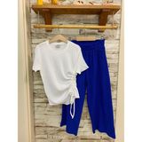 Aysbebe Bağcıklı Bluz + Bol Paça Fitilli Kumaş Pantolon Kız Çocuk Yazlık Takım - 10 Yaş - Beyaz - Mavi
