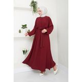 Ayşe Melek Tasarım Beli Lastikli Kuşaklı Elbise 2590 - 12R-Bordo - 38