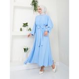 Ayşe Melek Tasarım Beli Lastikli Kuşaklı Elbise 2590 - Bebe Mavisi - 48