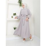 Ayşe Melek Tasarım Beli Lastikli Kuşaklı Elbise 2590 - Gri - 40