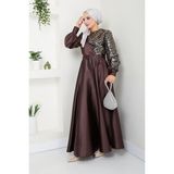 Ayşe Melek Tasarım Kadın Moda Giyim Tesettür Abiye Pul Saten Elbise 2755 - 42 - Kahverengi