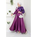 Ayşe Melek Tasarım Kadın Moda Giyim Tesettür Abiye Pul Saten Elbise 2755 - 46 - Mürdüm