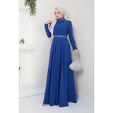 Ayşe Melek Tasarım Kemeri Yakası Taşlı Abiye Elbise 2611 - 50 - İndigo