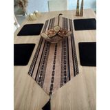 Ayşemce Etnik Bohem Desenli Runner & 4 Siyah Kare Supla - 40 x 140 cm - Siyah - Kahverengi