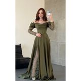 ayşenur Dinçer butik Royal Dantel Detaylı Haki Yeşili Abiye