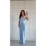 AYŞENUR DİNÇER Sofia Drape Saten Uzun Elbise Bebe Mavisi