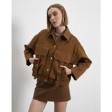 Ayshan Kahverengi Oversize Tokalı Kargo Cepli Crop Ceket - M - 0-Kahverengi
