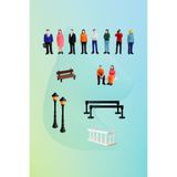 aysluka 16 Parça Renkli Maket İnsan Seti 1/50 Ölçek 3.5cm, Minyatür İnsan Figürleri, Minyatür Sokak Lambası, Minyatür Balkon, Minyatür Bariyer