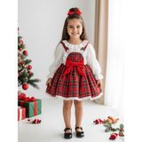 Aysskids Belinay Kız Çocuk Yılbaşı Uzun Kol Tütü Prenses Ekoseli Vintage Elbise - 1 Yaş - Kırmızı