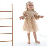 Aysskids Lenora Prenses Model Tül Fiyonk Detaylı Uzun Kollu Etekli Elbise - 4 Yaş - Bej