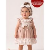Aysskids Minny Çiçekli Nakışlı Bandanalı Bayramlık Özel Gün Kız Bebek Elbise - 6 - 9 Ay - Bej