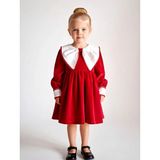 Aysskids Patrıcıa Kırmızı Kadife Beyaz Yakalı Uzun Kollu Özel Gün Bayramlık Kız Çocuk Elbise - 2 Yaş