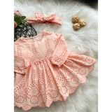Aysskids Sıenna Kız Bebek Somon Rengi Brode Nakışlı Fisto Elbise ve Bandana Takımı - 12 Ay