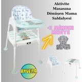 Ayvella Etkinlik Masası Mama Sandalyesi Emniyet Kemerli 2 Minder Hediyeli Aktivite Masası Bardaklıklı Tepsi - Beyaz - Mavi