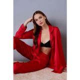 Ayyildiz Kadın Saten Pijama Takımı, Düğmeli, Ceket Yaka, Kırmızı, M/L
