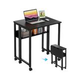 AYZ Sidney Kitaplık Raflı Katlanır Masa 70cm Tekerli Bilgisayar Masası Laptop Masası Siyah Siyah