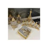 Azade Home Gold Pirinç Japongül Mini Kristal 3’Lu Kavanoz Set Uzun 6’Lı Porslen Baharatlık, Rulo Ve Kare Peçete