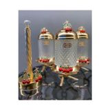 Azade Home Gold Pirinç Kirazlı Ayaklı Kristal Kavanoz 3’Lü Set Ve Kirazlı Rulo Havluluk 2’Li Set