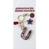 Azenya Dizayn Özel Tasarım Anahtarlık, Reçine Harf, Çiçekli, Ponpon ve Yıldız Charm, Altın Rengi Metal