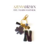 AzenyaDizayn Özel Tasarım Anahtarlık, N Harfli, Yonca ve Kalp Charm, Glitter, Püsküllü, Altın Rengi Metal Halka