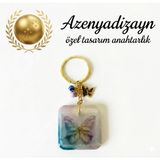 Azenyadizayn Reçine Anahtarlık, Kelebek Temalı, Altın Rengi Metal Halka, El Yapımı Özel Tasarım