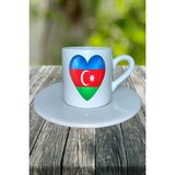 Azerbaycan Ülke Bayrağı Bayrak Baskılı Türk Kahvesi Fincanı Tabaklı Kişiye Özel Model 1