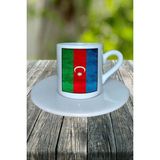 Azerbaycan Ülke Bayrağı Bayrak Baskılı Türk Kahvesi Fincanı Tabaklı Kişiye Özel Model 6