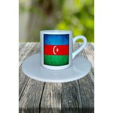 Azerbaycan Ülke Bayrağı Bayrak Baskılı Türk Kahvesi Fincanı Tabaklı Kişiye Özel Model 7