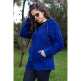 Azıcık Akıllı Kadın Saks Koyu Mavi Peluş Kalın Fermuarlı Kapüşonlu Cepli Ceket 23KCKTMY50 - 2XL