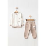 Aziz Bebe Erkek Bebek Ayı Nakışlı Sweatshirt Pantolon 2 'li Alt Üst Bebek Takımı 3 Ay - 18 Ay - Bej - 12 - 18 Ay