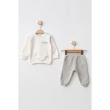 Aziz Bebe Erkek Bebek Desenli Sweatshirt Pantolon 2 'li Alt Üst Bebek Takımı 3 Ay - 36 Ay - Ekru - 3 - 6 Ay