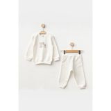 Aziz Bebe Erkek Bebek Tavşan Nakışlı Sweatshirt Pantolon 2 'li Alt Üst Bebek Takımı 3 Ay - 18 Ay - Ekru - 9 - 12 Ay