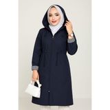 Azm Moda Bondit Kumaş Içi Çizgili Kapüşonlu Astarsız Lacivert Uzun Yağmurluk - 48