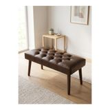 Azra Aksesuar Modern Kapitoneli Acı Kahve Deri Kumaş Bench Puf Oturma Bankı Ahşap Ceviz Ayaklı Demonte 90x45