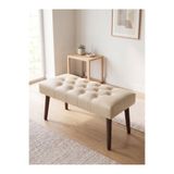 Azra Aksesuar Modern Kapitoneli Krem Deri Kumaş Bench Puf Oturma Bankı Ahşap Ceviz Ayaklı Demonte 90x45
